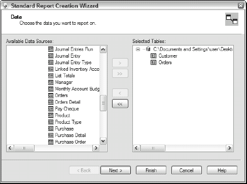 Customer and Orders tables selected from Standard Report Creation Wizard.