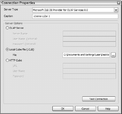 Specify the server that holds your OLAP cube in the Connection Properties dialog box.