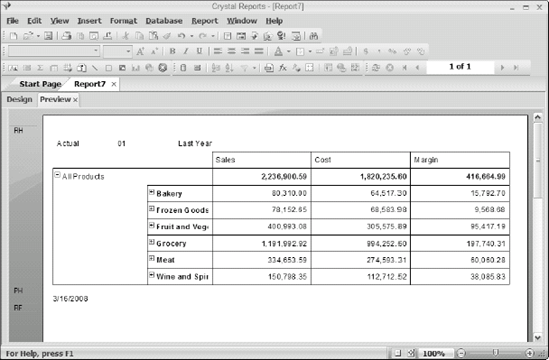 Sales Reports OLAP report in Preview view, showing major categories.