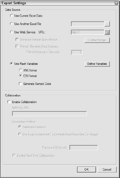 The Crystal Xcelsius Export Settings dialog box.