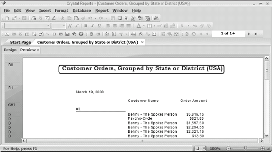 The Customer Orders, Grouped by Region (Mexico) report in Crystal Reports.
