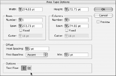 The Area Type Options dialog box lets you create columns of text.