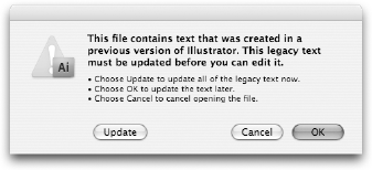 Legacy text warning; click OK, not Update!
