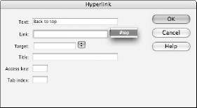 Select the anchor name in the Hyperlink dialog box.