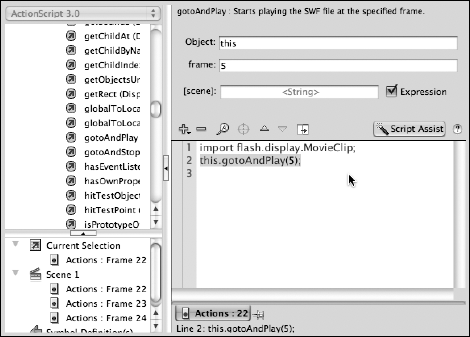 The gotoAndPlay() action, placed in ActionScript 3.0.