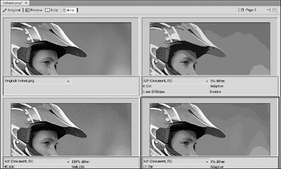 In 4-Up view, you can experiment with ways to optimize an image.
