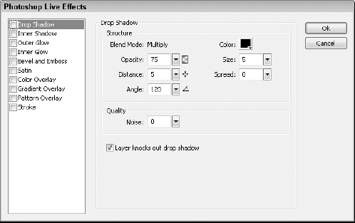 Set text effects in the Photoshop Live Effects dialog box.