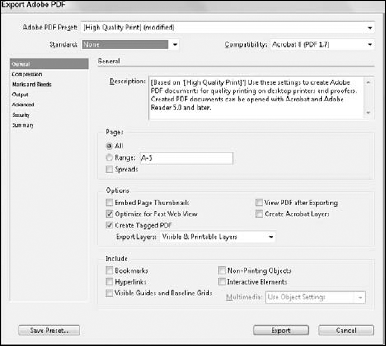 The Export Adobe PDF dialog box