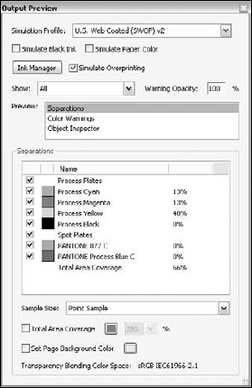 The Output Preview dialog box lets you preview color separations and Color Warnings.