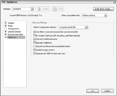 The Clean Up panel of the PDF Optimizer dialog box
