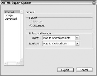 The XHTML Export Options dialog box