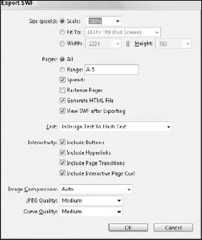 The Export SWF dialog box includes settings for scaling the pages.