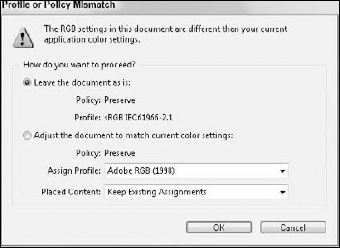 The InDesign Embedded Policy and Profile Mismatch dialog box