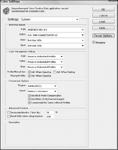 With the exceptions for Gray and Spot color handling in Photoshop, the Color Settings dialog box has the same appearance in Photoshop, Illustrator, and InDesign.