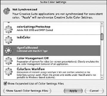 Select the color-management setting you want to use and click Apply to synchronize settings across all Design Suite CS4 applications.