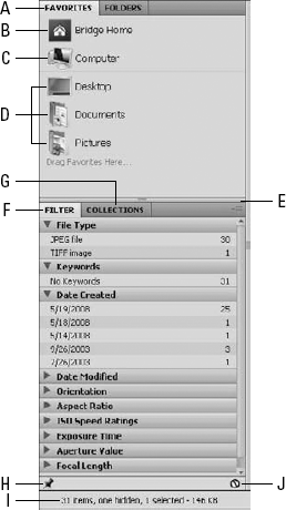 The left side of the Bridge offers many tools and options for working with Bridge tasks.