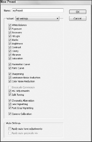 The New Preset dialog box lets you select which settings to save.