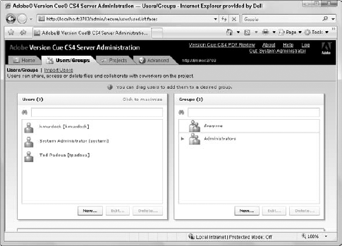 The Users/Groups page of the Version Cue Workspace Administration Utility