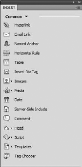The Dreamweaver Insert bar includes dozens of objects in several different categories.
