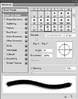 The Brush Tip Shape panel of the Brushes panel