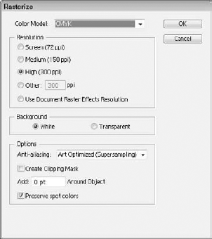 The Rasterize dialog box lets you specify a color model.