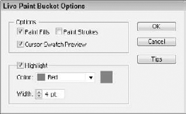 The Live Paint Bucket Options dialog box lets you choose to apply fills or strokes.