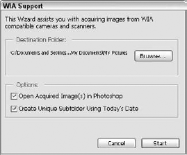 The WIA Support dialog box lets you access a scanner's software.