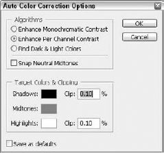 The Auto Color Correction Options dialog box lets you set how the Auto button works.