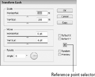 The Transform Each dialog box combines the transformation values of several different transformations into a single dialog box.