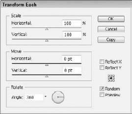 The Transform Each dialog box with the Random option enabled randomly rotates the selected object.