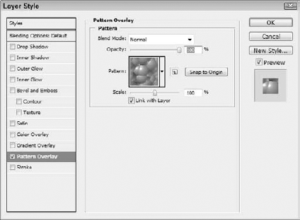 The Layer Style dialog box lets you overlay an object with a pattern. The pattern also may be scaled.