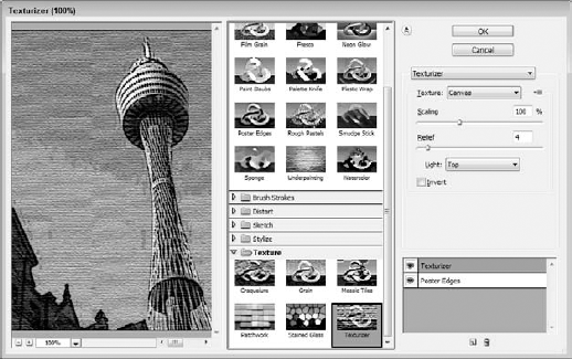 The Preview pane shows the resulting image after two filters are applied.