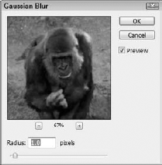 The Gaussian Blur dialog box, like most filter dialog boxes, includes a Preview pane.