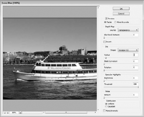 The Lens Blur dialog box includes a Preview pane.