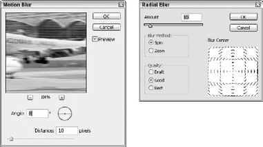 The Motion Blur and Radial Blur dialog boxes let you blur the image using linear or radial lines.