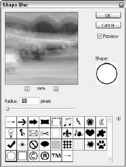 The Shape Blur dialog box blurs areas using a selected shape.