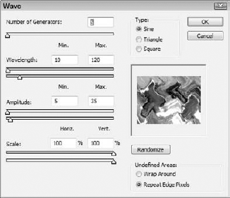 The Wave dialog box includes many settings for precisely controlling the distortion of an image.