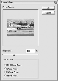 The Lens Flare dialog box lets you position the flare by dragging within the Preview pane.