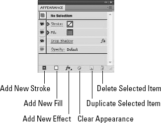 The Appearance palette lists all effects applied to the current selection.
