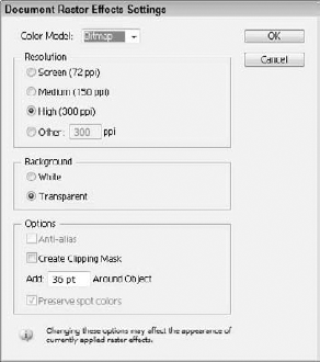 The Document Raster Effects Settings dialog box lets you specify the settings to use when an object is rasterized.