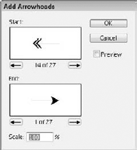 The Add Arrowheads dialog box lets you select the arrow type to use for the Start and End of a path.