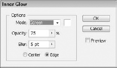 The Inner Glow dialog box lets you add a glow to the stroke of an object.