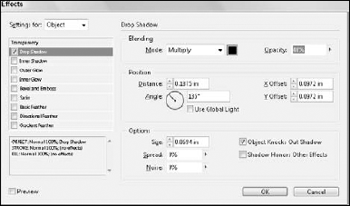 The Effects dialog box in InDesign lets you add drop shadows and many other effects to any object.