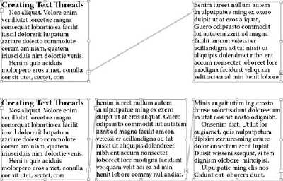 The top example shows an existing text thread with overset text in InDesign. The bottom example shows a new text frame added in the middle of the existing thread. The text now runs through the new frame, eliminating the overset text.