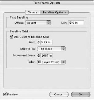 To apply baseline settings on a frame, select the Use Custom Baseline Grid check box and make settings choices for the offset, relative to, and a gridline color.