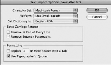 The Text Import Options dialog box