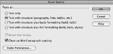 The Paste Special dialog box in Dreamweaver