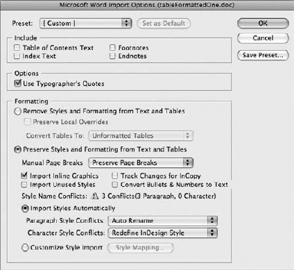 The Microsoft Word Import Options dialog box includes options for handling text formatting.