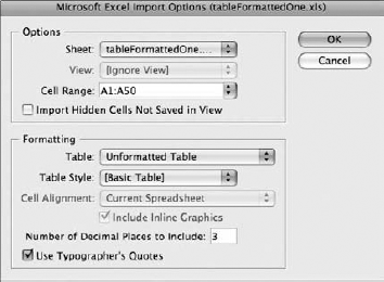 When you place a Microsoft Excel document within an InDesign document, this dialog box of options appears letting you select which sheet and view to open and letting you specify how to format the tables.