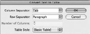 The Convert Text to Table dialog box lets you select the separator to use to delineate rows and columns. The options include Tab, Comma, Paragraph, and Other.